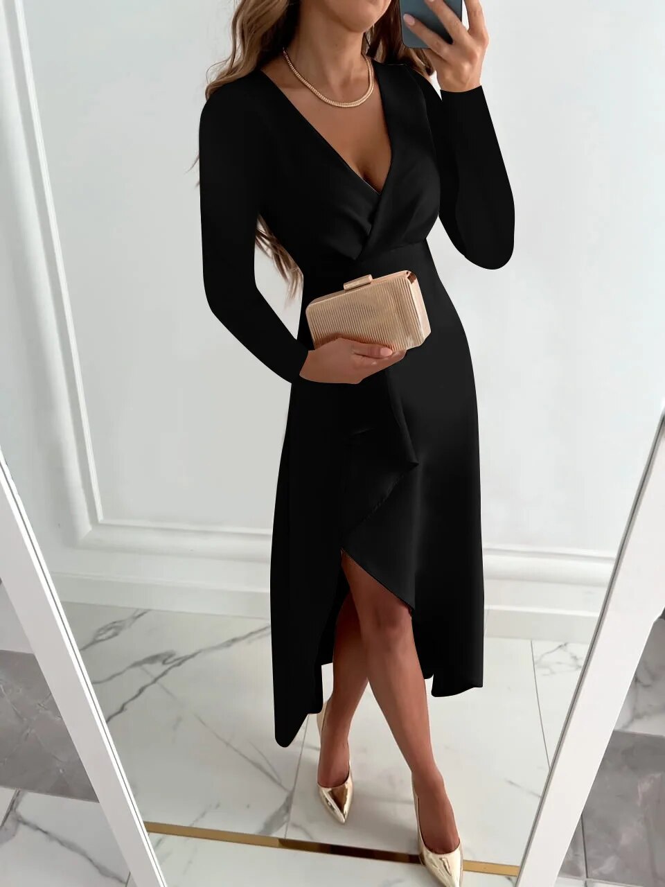 Seraphine │ Women's Wrap Front V-Neck Midi Dress With Long Sleeves And Ruffle Hem