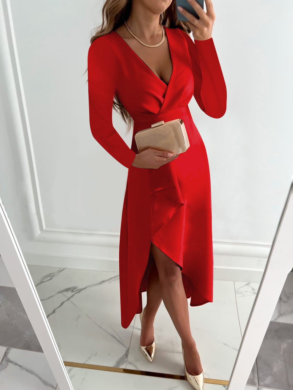 Seraphine │ Women's Wrap Front V-Neck Midi Dress With Long Sleeves And Ruffle Hem