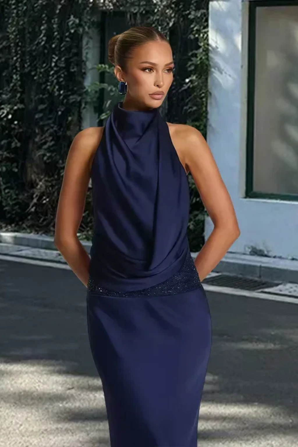 Isadora │ Women's Halter Neck Draped Satin Maxi Wedding Guest Dress