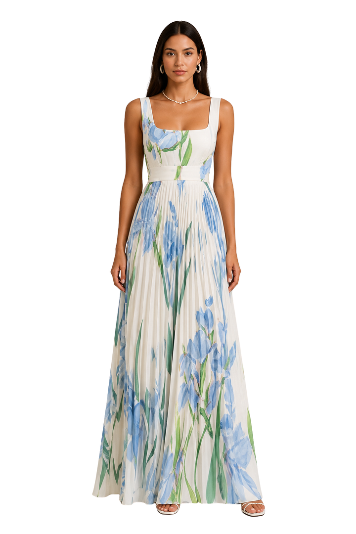 Laura │ Women's Floral Pleated Wide Strap Square Neck Wedding Guest Maxi Dress