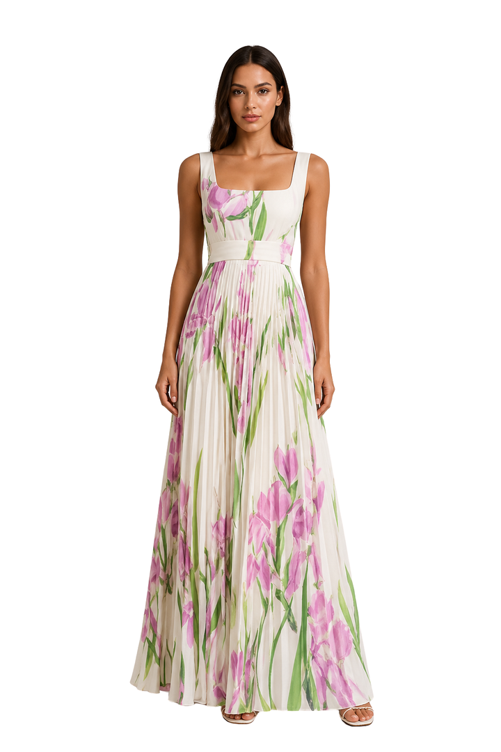 Laura │ Women's Floral Pleated Wide Strap Square Neck Wedding Guest Maxi Dress
