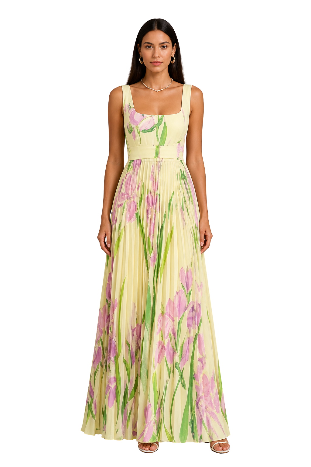 Laura │ Women's Floral Pleated Wide Strap Square Neck Wedding Guest Maxi Dress