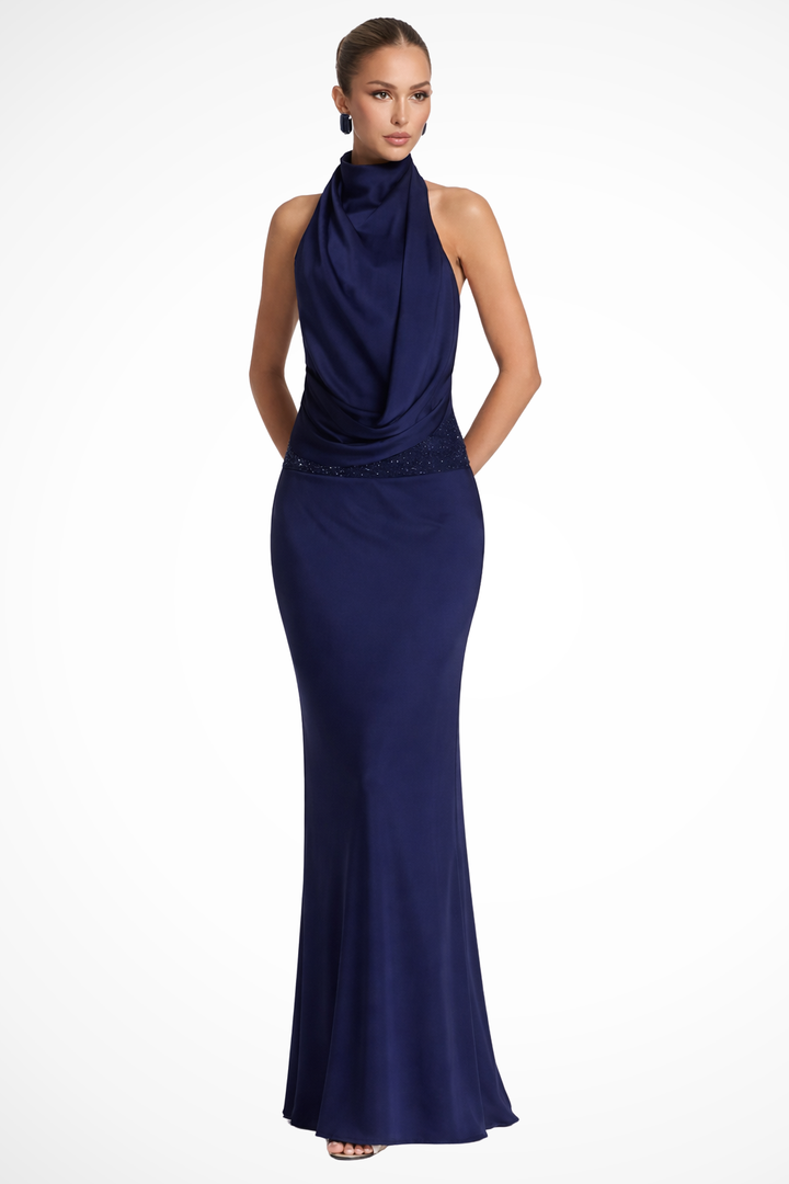 Isadora │ Women's Halter Neck Draped Satin Maxi Wedding Guest Dress