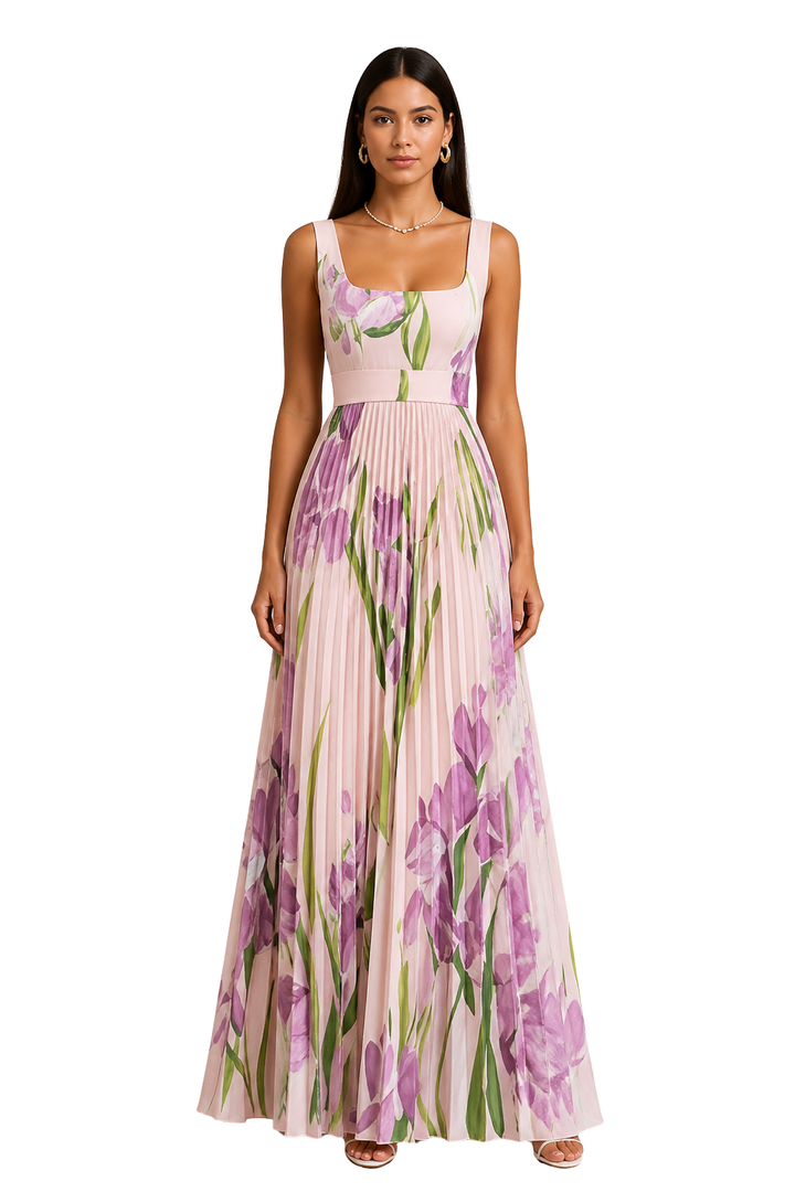 Laura │ Women's Floral Pleated Wide Strap Square Neck Wedding Guest Maxi Dress