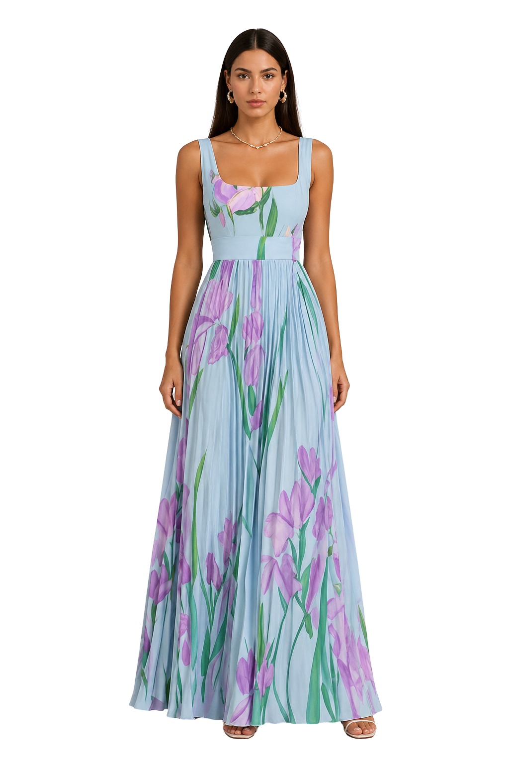 Laura │ Women's Floral Pleated Wide Strap Square Neck Wedding Guest Maxi Dress