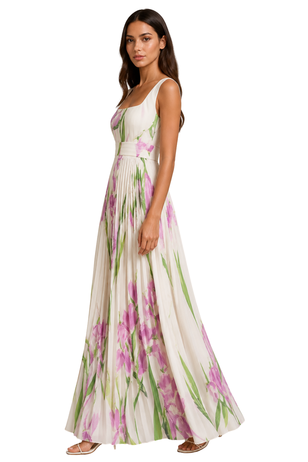 Laura │ Women's Floral Pleated Wide Strap Square Neck Wedding Guest Maxi Dress