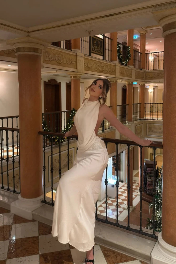 Isadora │ Women's Halter Neck Draped Satin Maxi Wedding Guest Dress