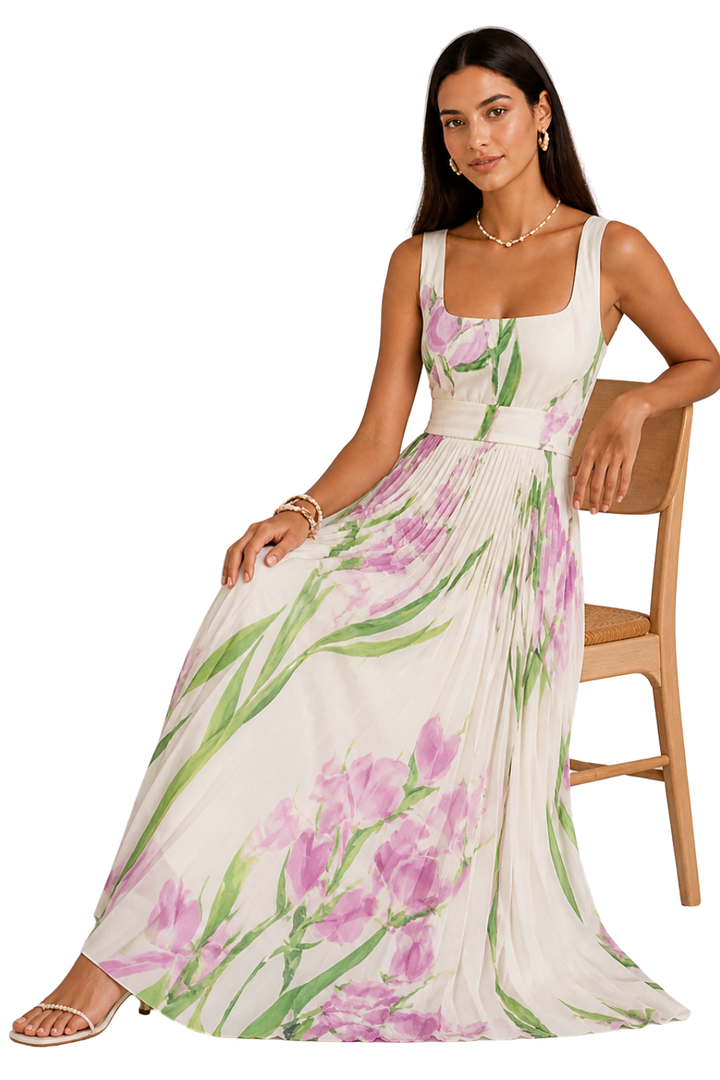 Laura │ Women's Floral Pleated Wide Strap Square Neck Wedding Guest Maxi Dress