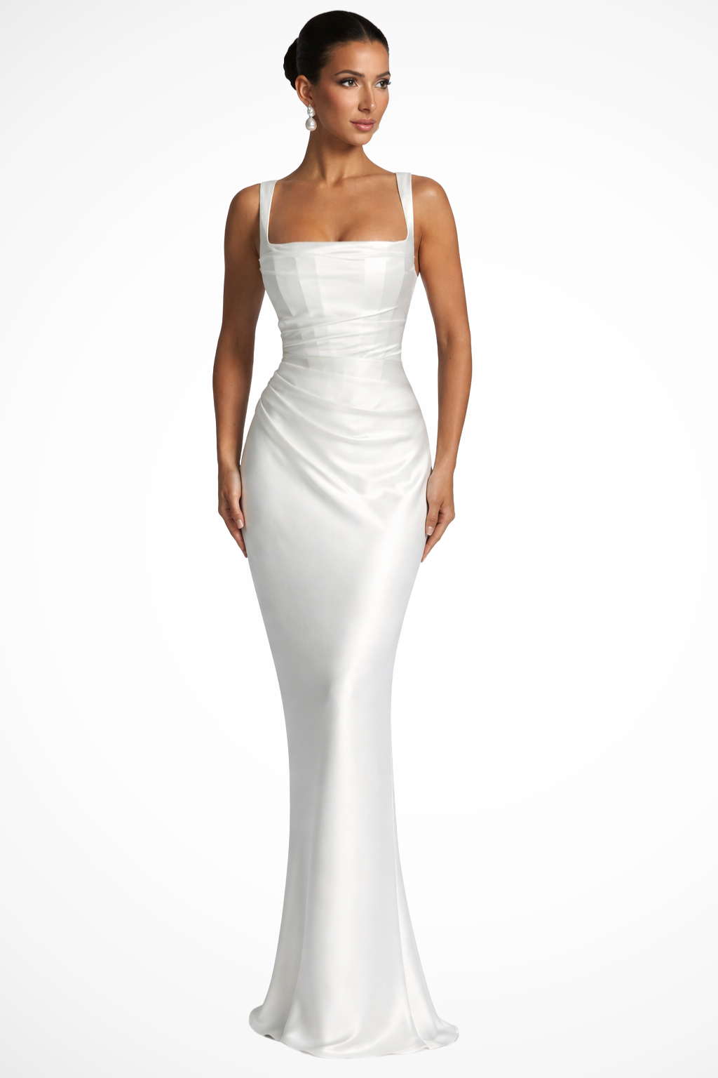 Seraphine │ Women's Square Neck Ruched Satin Maxi Wedding Guest Dress With Gloves