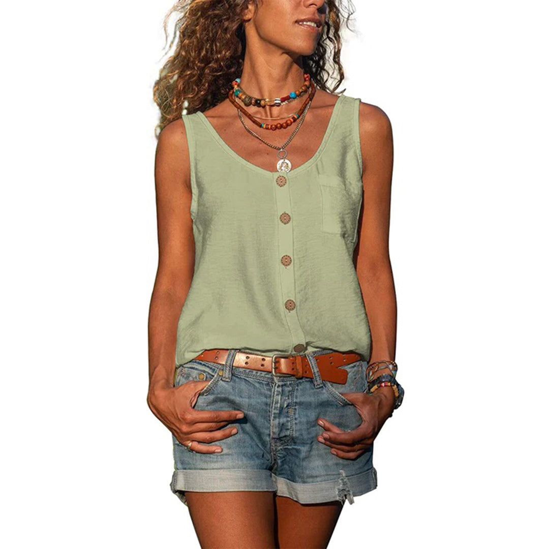 Rosie | Women's Loose Fit Scoop Neck Button Front Sleeveless Top