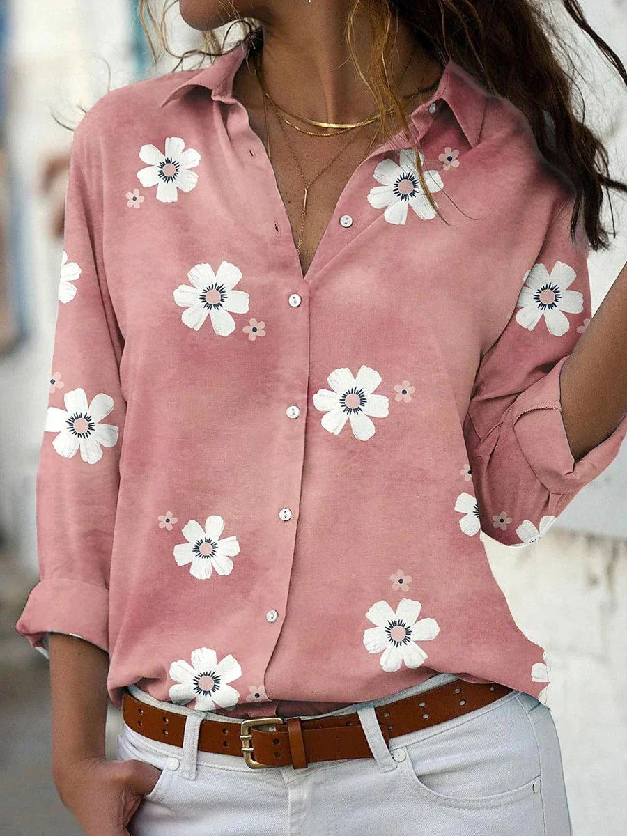 Thea │ Women's Floral Shirt Collar Long Sleeve Button Front Blouse