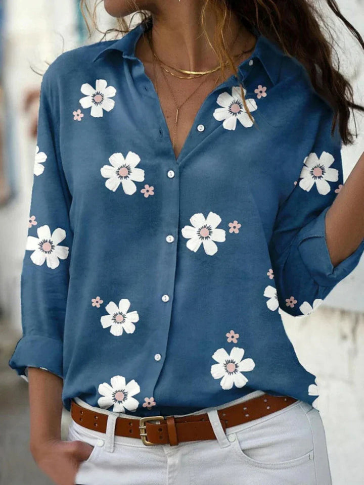 Thea │ Women's Floral Shirt Collar Long Sleeve Button Front Blouse