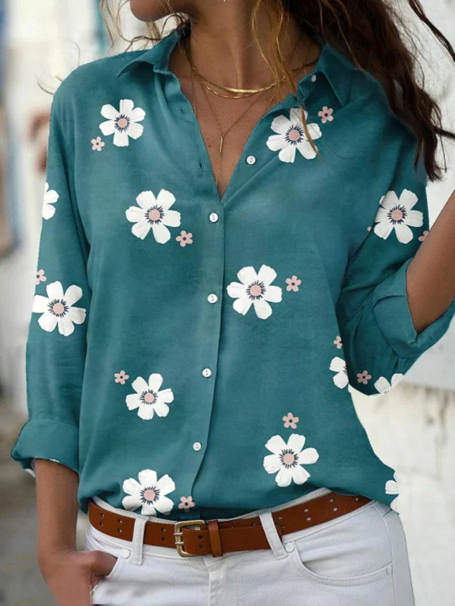 Thea │ Women's Floral Shirt Collar Long Sleeve Button Front Blouse