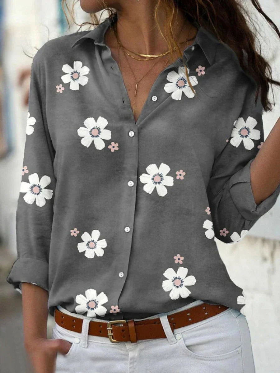 Thea │ Women's Floral Shirt Collar Long Sleeve Button Front Blouse