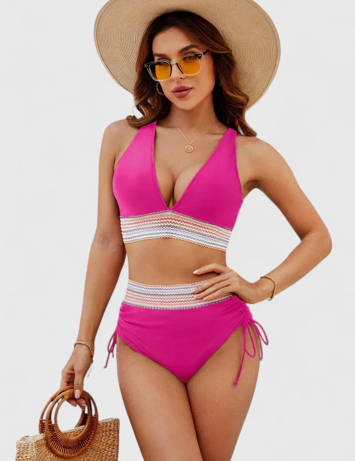 Edith │ Women's Deep V-Neck High Waist Bikini Swimwear With Mesh Panel