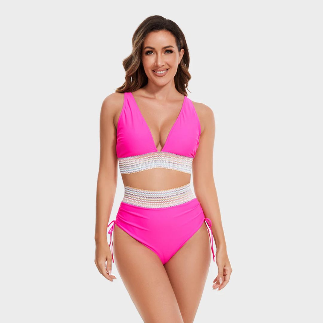 Edith │ Women's Deep V-Neck High Waist Bikini Swimwear With Mesh Panel