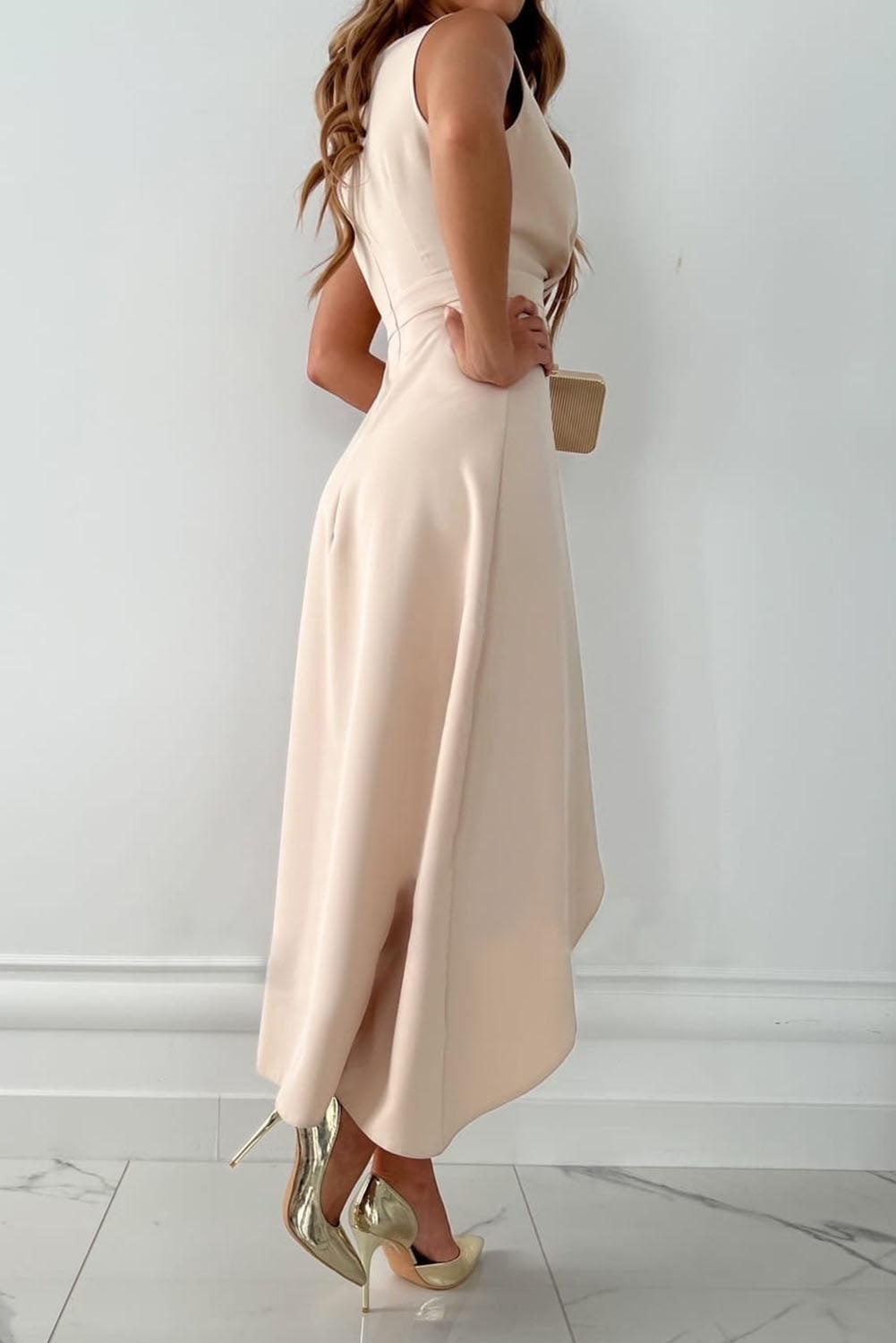 Celestine │ Women's Wrap Front V-Neck Asymmetric Midi Dress With Ruffle Hem