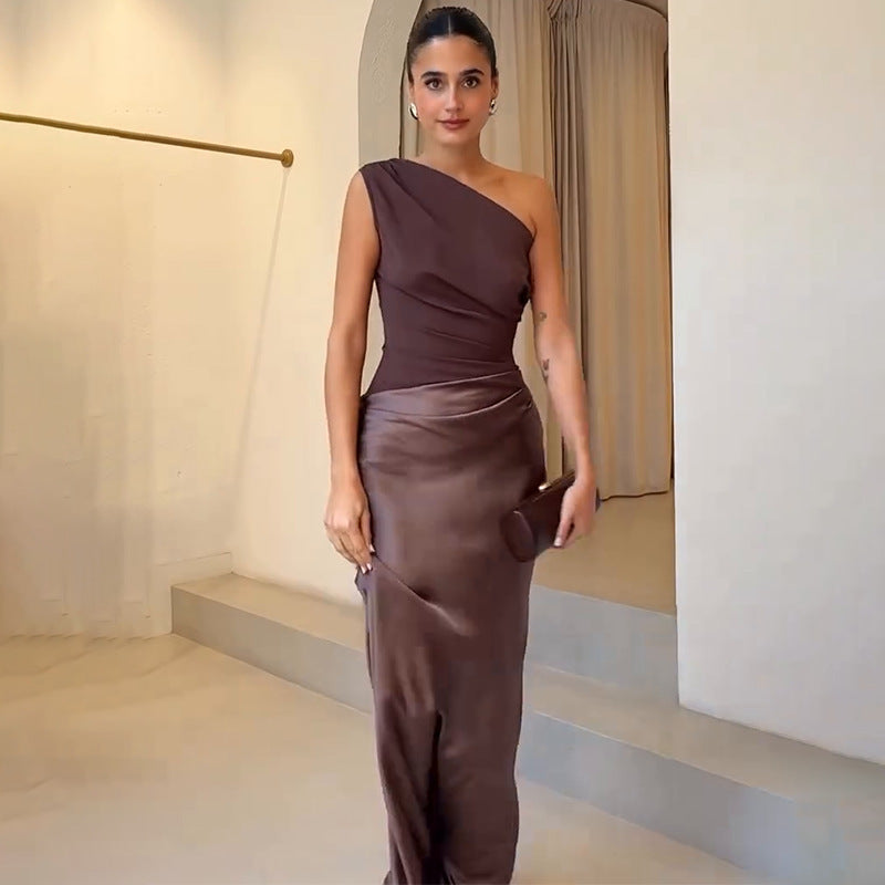 Isadora │ Women's One Shoulder Ruched Maxi Wedding Guest Dress With Satin Skirt