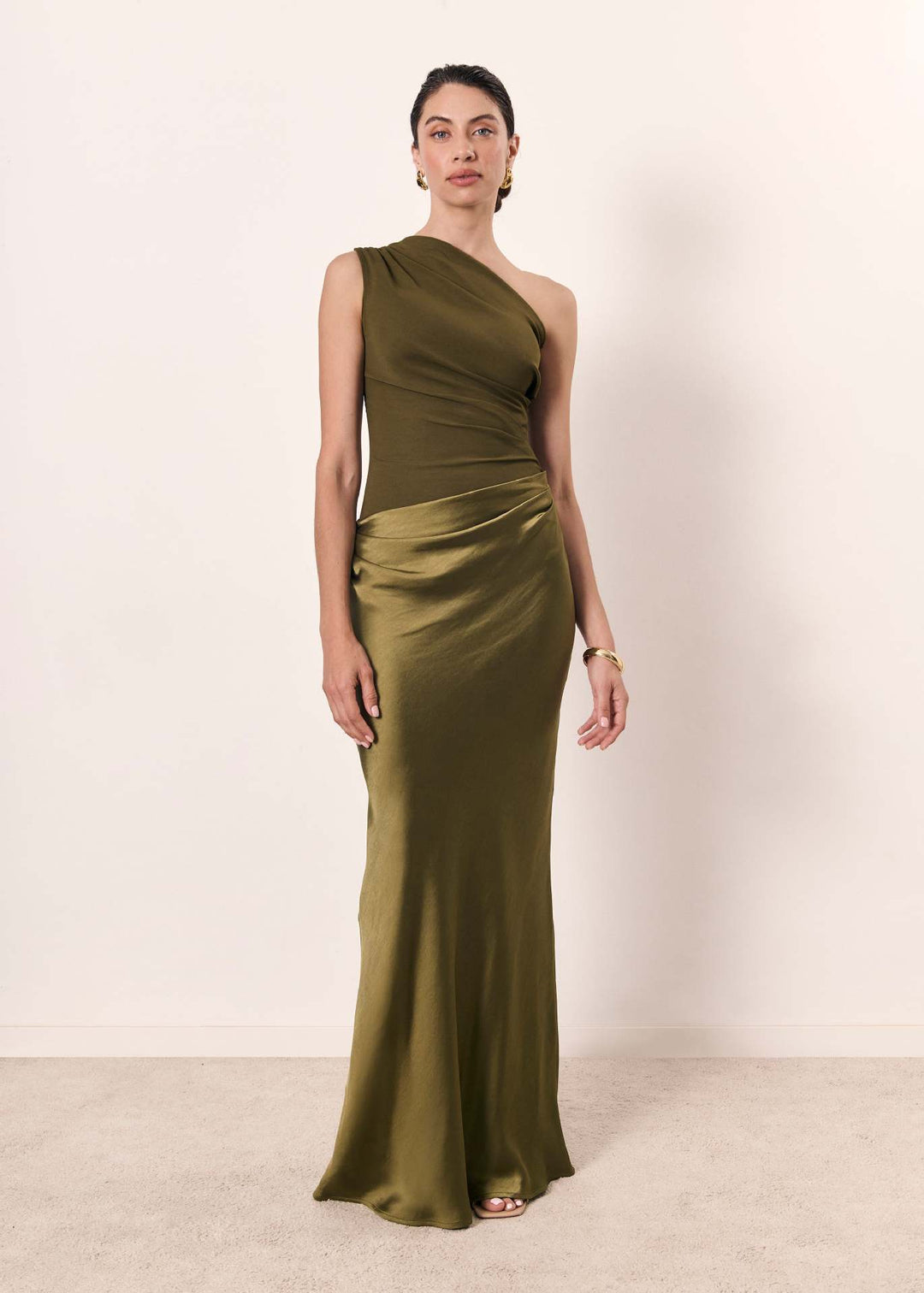 Isadora │ Women's One Shoulder Ruched Maxi Wedding Guest Dress With Satin Skirt