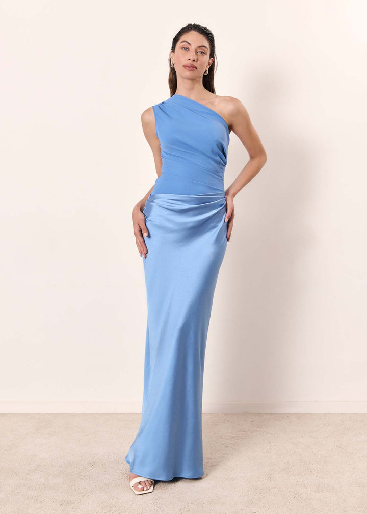 Isadora │ Women's One Shoulder Ruched Maxi Wedding Guest Dress With Satin Skirt