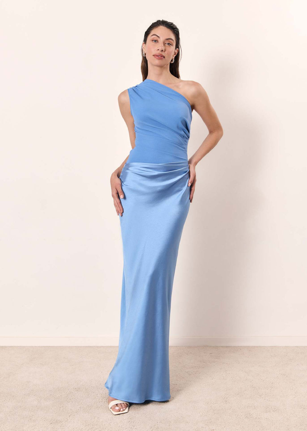 Isadora │ Women's One Shoulder Ruched Maxi Wedding Guest Dress With Satin Skirt