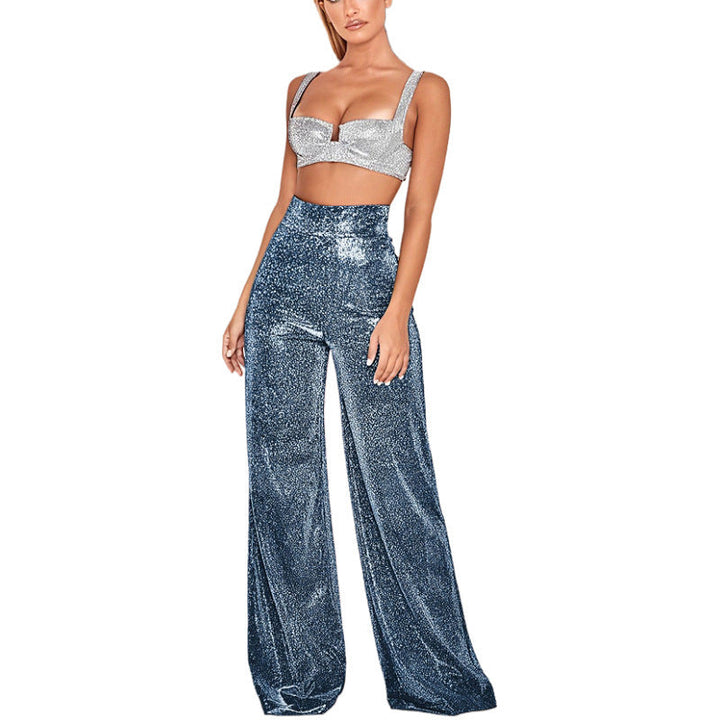 Audrey │ Women's High Waist Glitter Trousers With Straight Leg And Ankle Slit