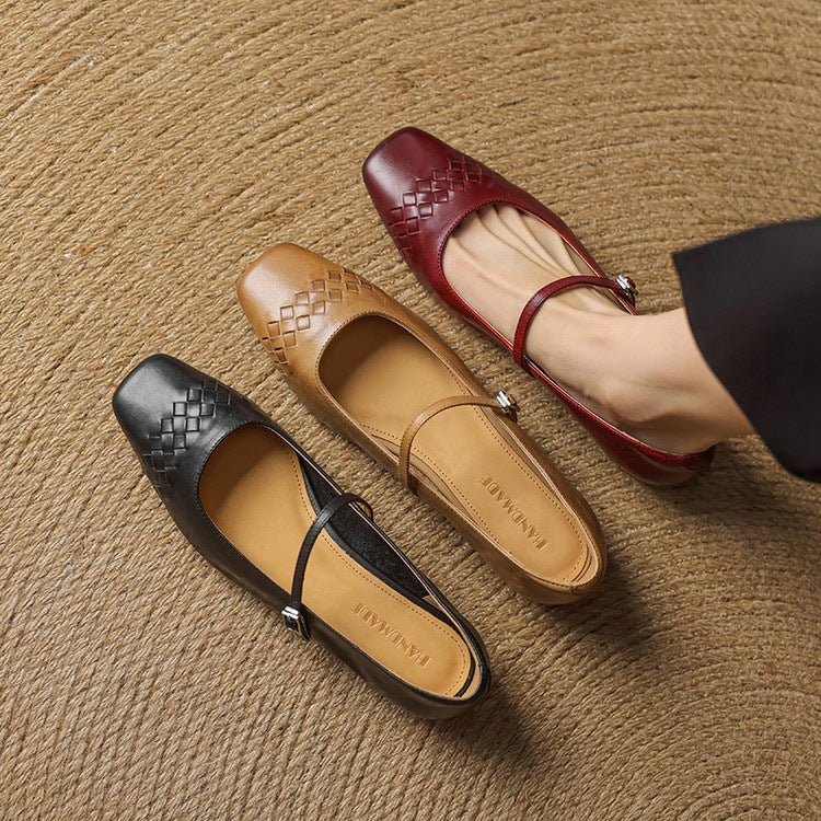 Selina │ Women's Square Toe Mary Jane Flat With Woven Upper
