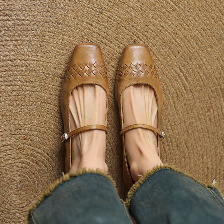 Selina │ Women's Square Toe Mary Jane Flat With Woven Upper