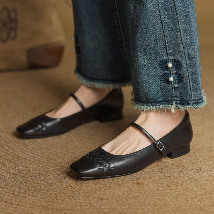 Selina │ Women's Square Toe Mary Jane Flat With Woven Upper