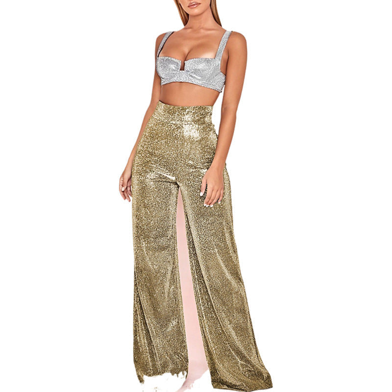Audrey │ Women's High Waist Glitter Trousers With Straight Leg And Ankle Slit