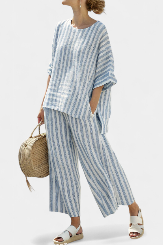 Lavinia │ Women's Striped Linen Two-Piece Set With Oversized Top And Wide-Leg Trousers
