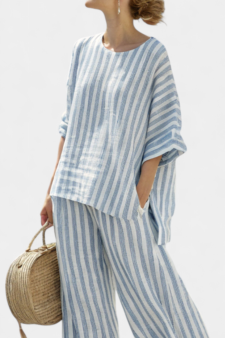 Lavinia │ Women's Striped Linen Two-Piece Set With Oversized Top And Wide-Leg Trousers
