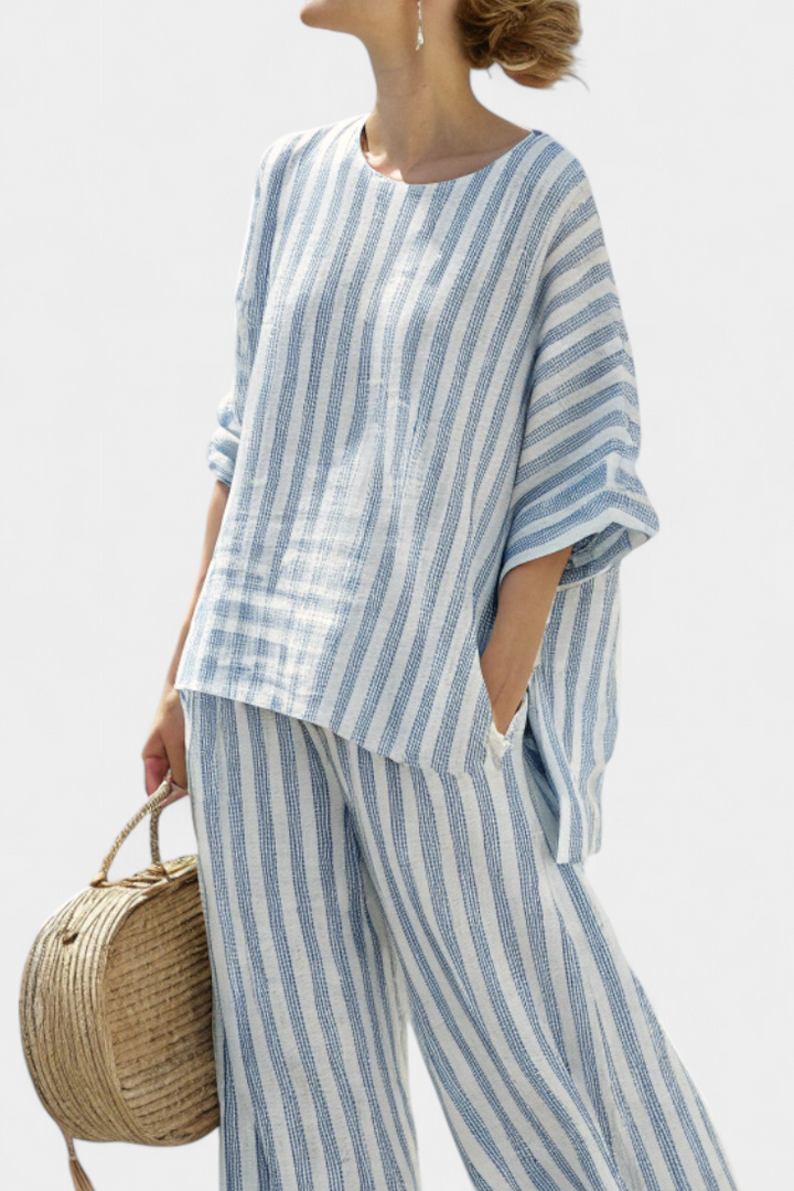 Lavinia │ Women's Striped Linen Two-Piece Set With Oversized Top And Wide-Leg Trousers
