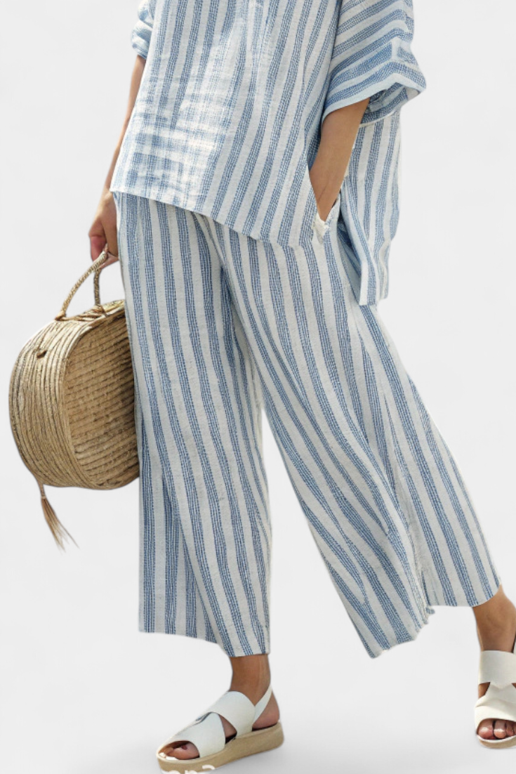 Lavinia │ Women's Striped Linen Two-Piece Set With Oversized Top And Wide-Leg Trousers