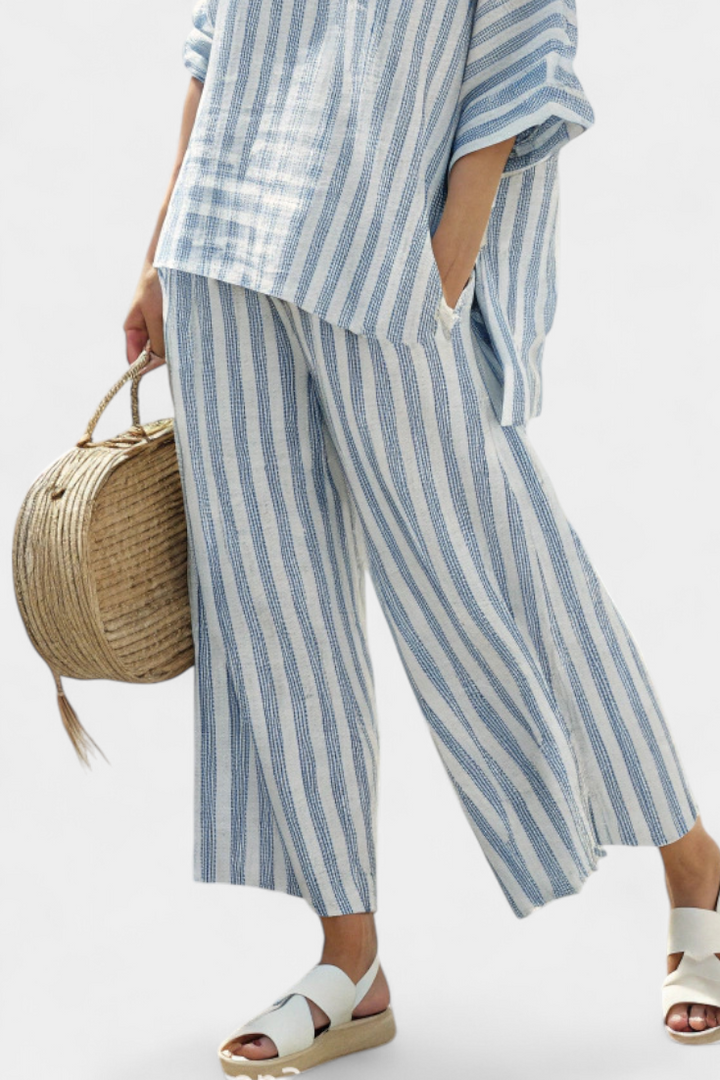 Lavinia │ Women's Striped Linen Two-Piece Set With Oversized Top And Wide-Leg Trousers