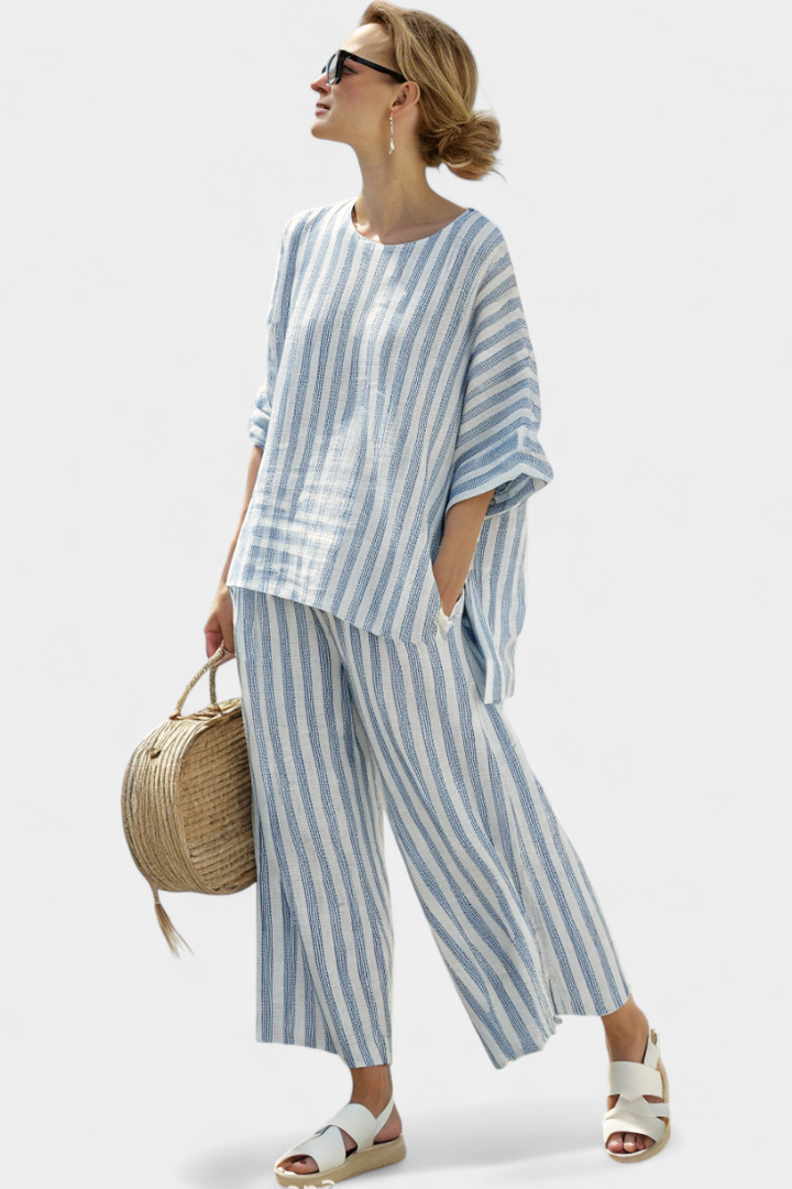 Lavinia │ Women's Striped Linen Two-Piece Set With Oversized Top And Wide-Leg Trousers