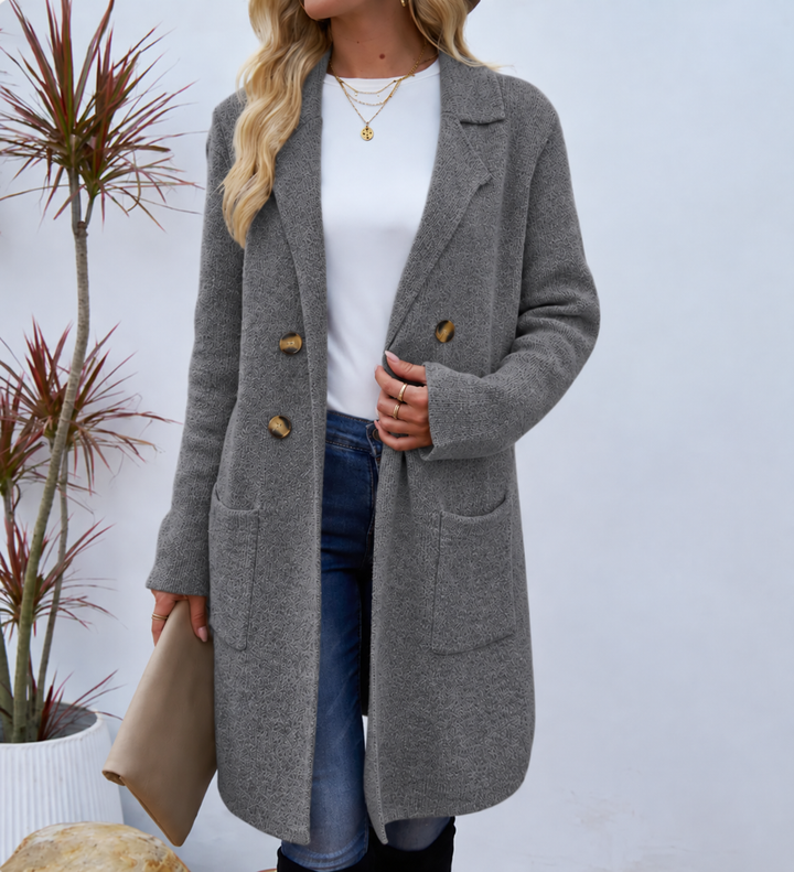 Hugh │ Women's Longline Coat With Double Gold Buttons And Patch Pockets