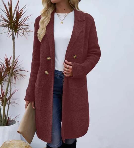 Hugh │ Women's Longline Coat With Double Gold Buttons And Patch Pockets