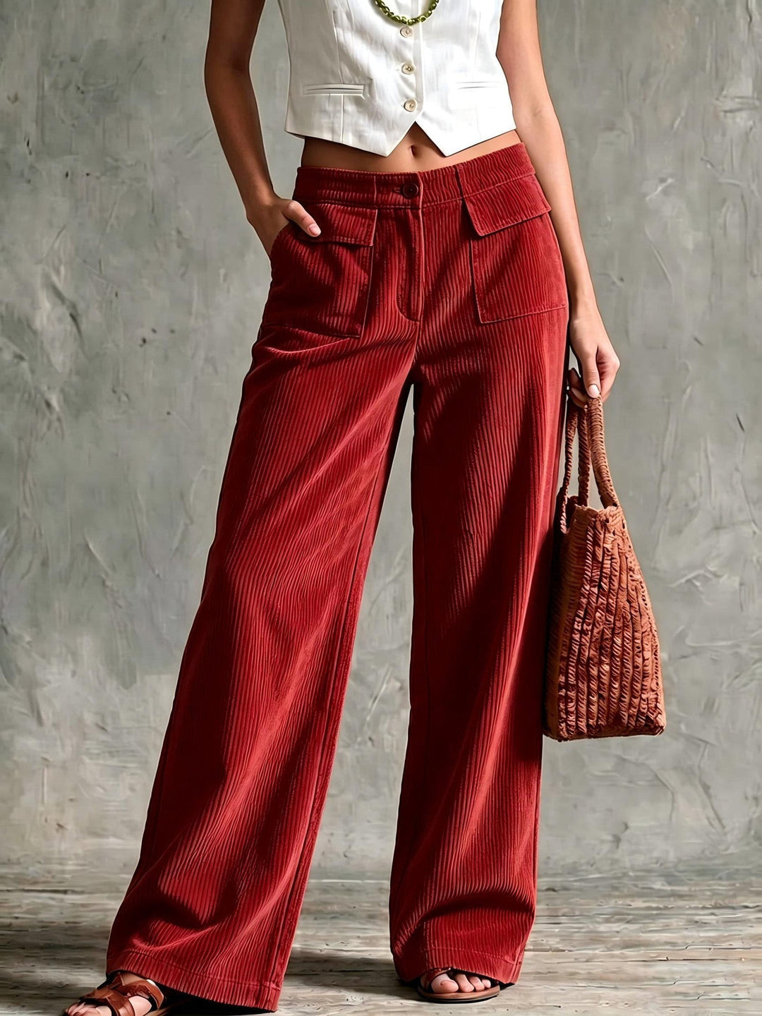 Retro Wide Leg Corduroy Trousers with Patch Pockets