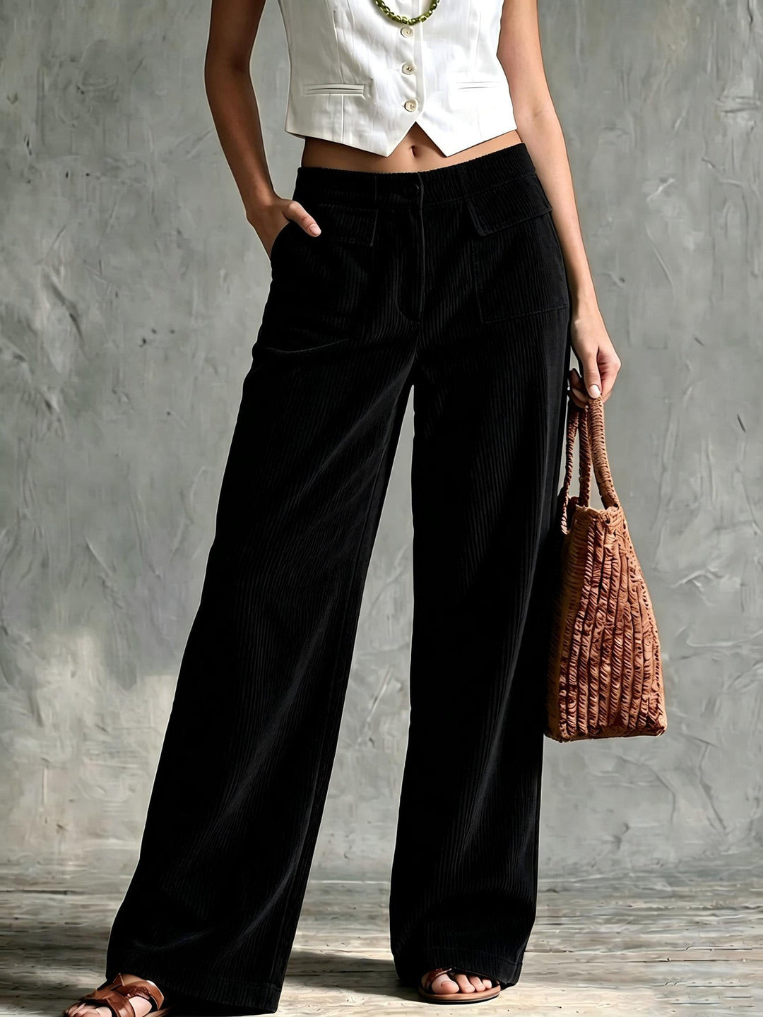 Retro Wide Leg Corduroy Trousers with Patch Pockets