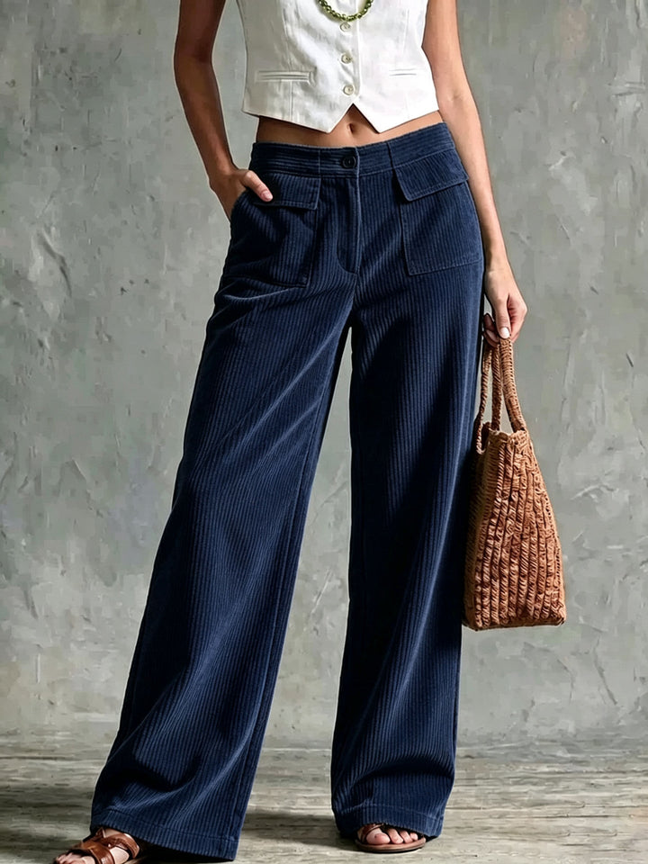 Retro Wide Leg Corduroy Trousers with Patch Pockets