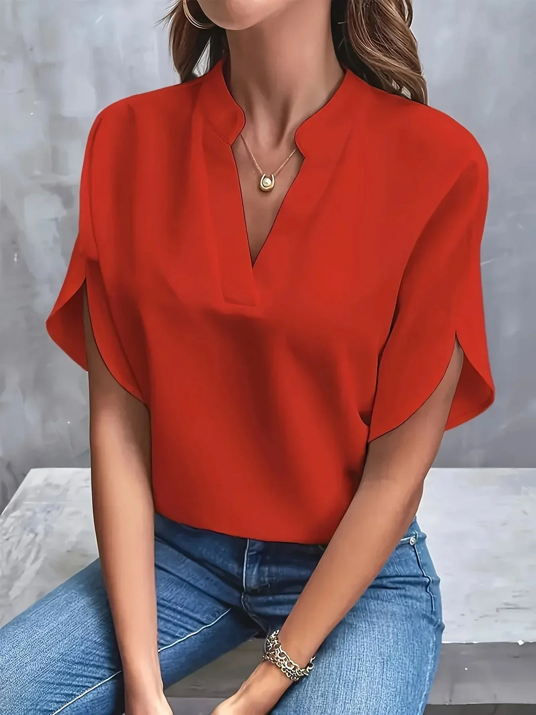 Theresa │ Women's Split Sleeve V-Neck Short Sleeve Blouse