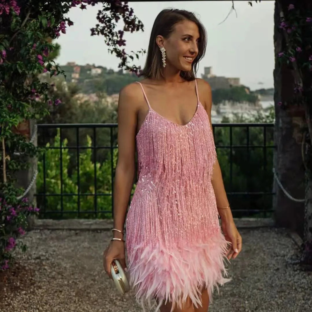 Seraphine │ Women's Sequin Fringe Mini Dress With Feather Hem And Spaghetti Straps