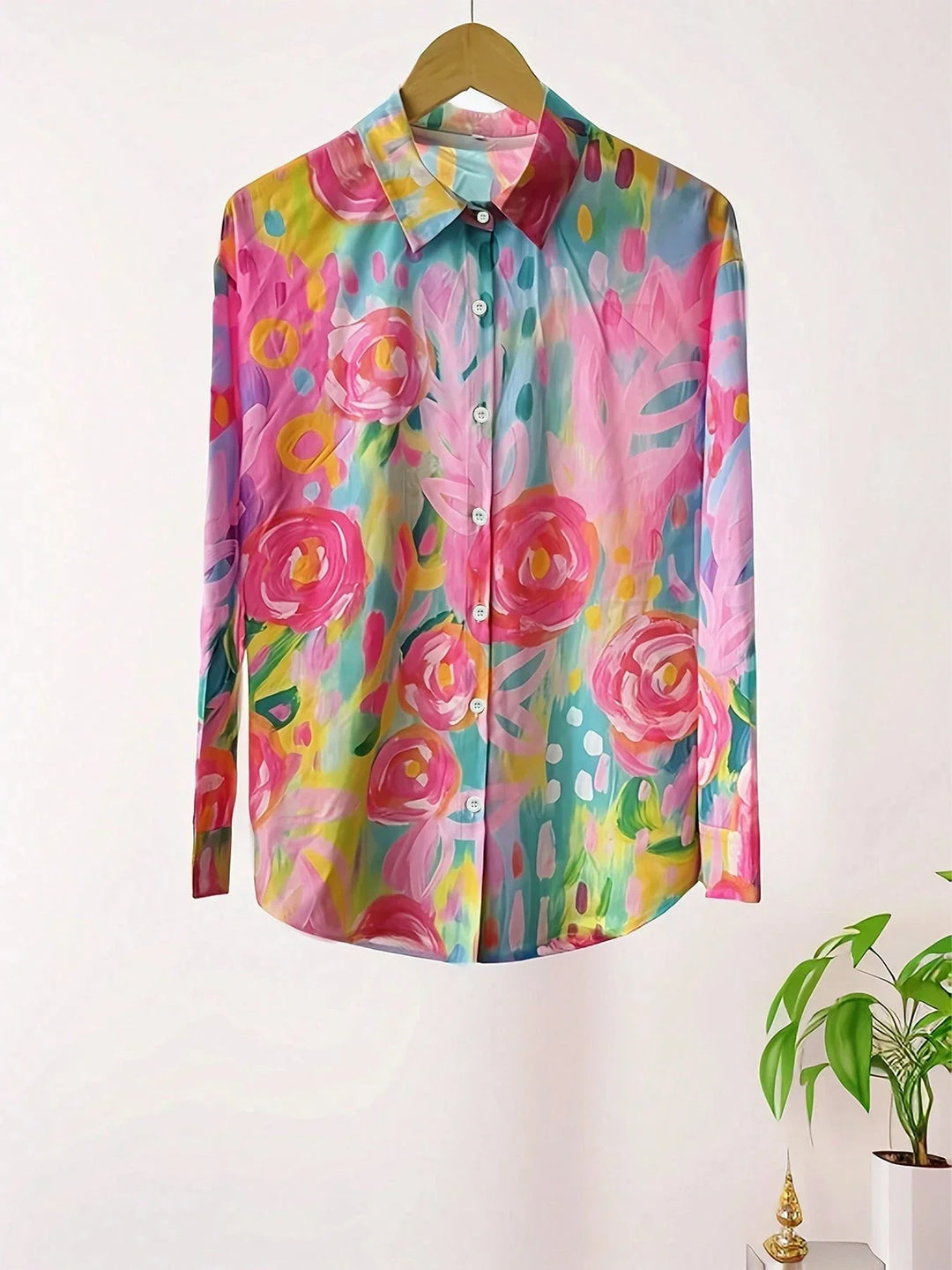 Wisteria │ Women's Abstract Floral Print Button Front Blouse With Long Sleeves