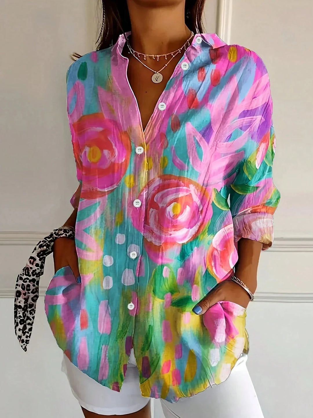 Wisteria │ Women's Abstract Floral Print Button Front Blouse With Long Sleeves