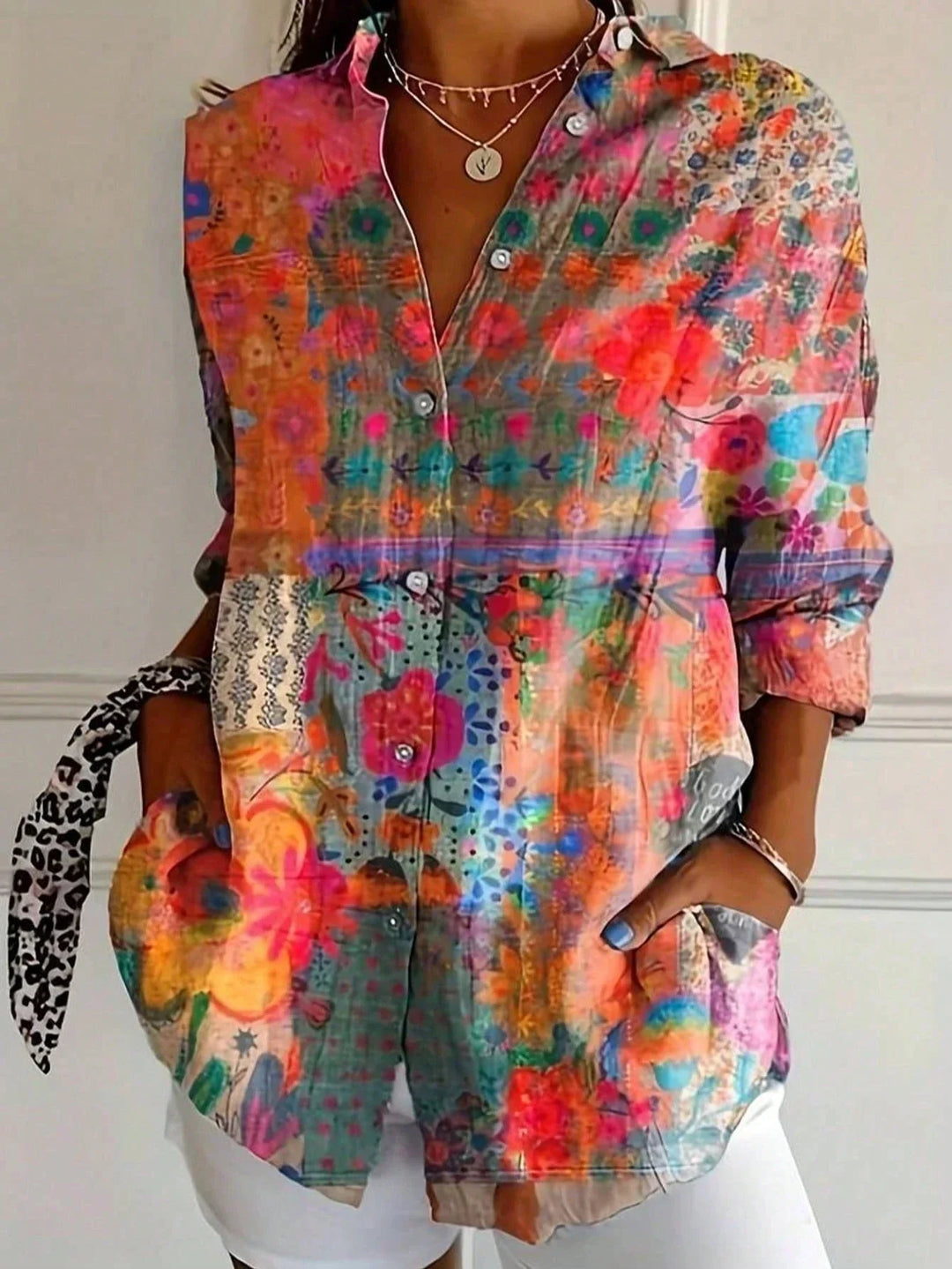 Wisteria │ Women's Abstract Floral Print Button Front Blouse With Long Sleeves