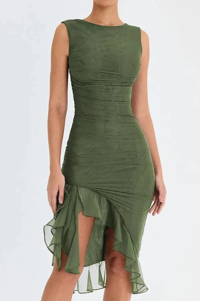 Rosalind │ Women's Ruched Sleeveless Midi Wedding Guest Dress