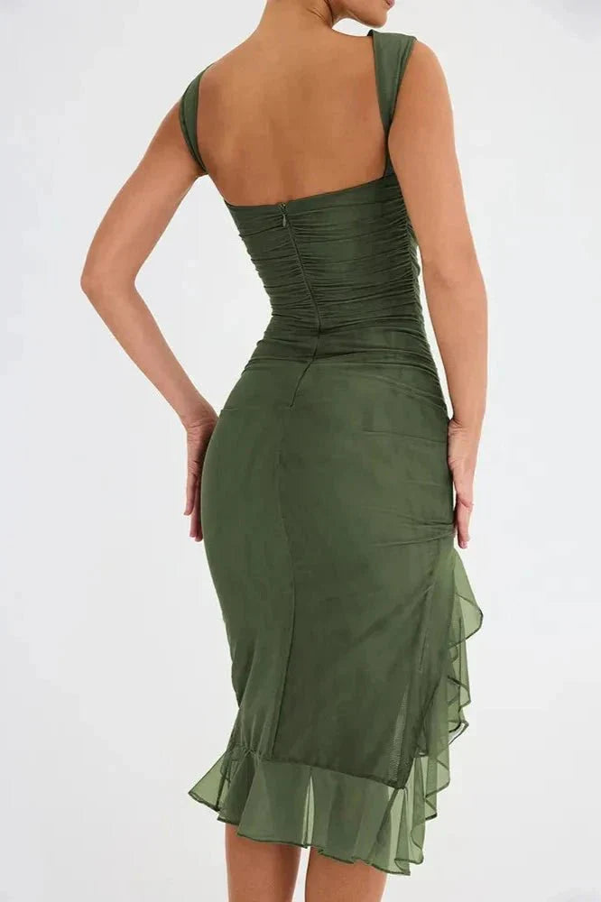 Rosalind │ Women's Ruched Sleeveless Midi Wedding Guest Dress
