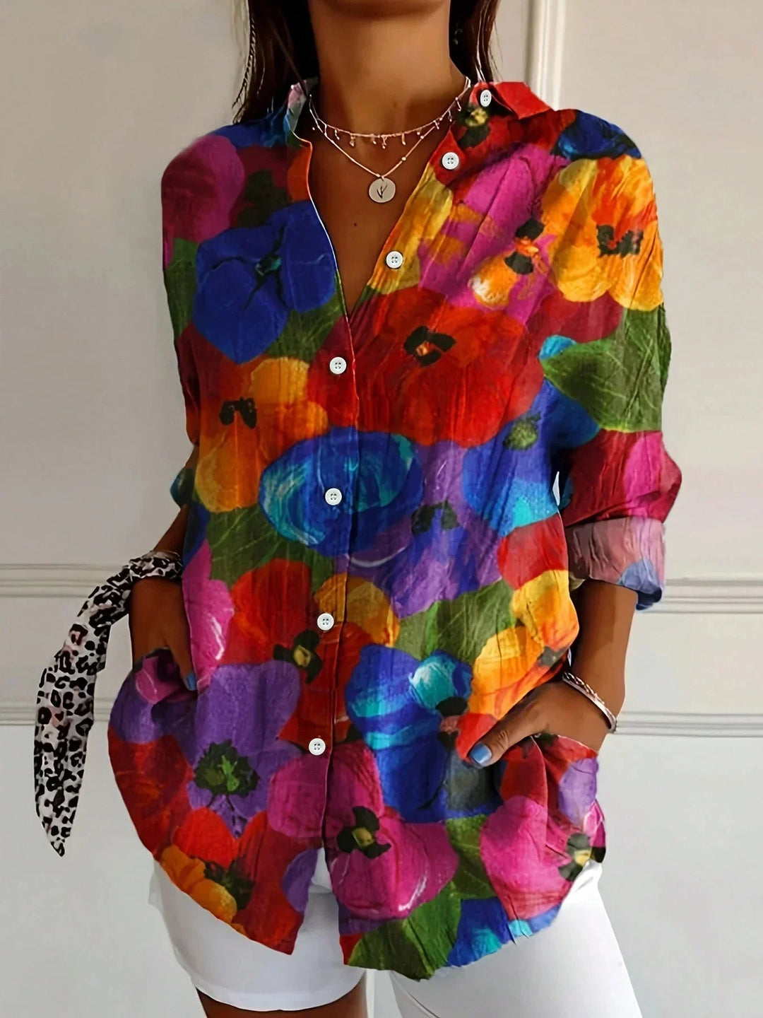 Wisteria │ Women's Abstract Floral Print Button Front Blouse With Long Sleeves