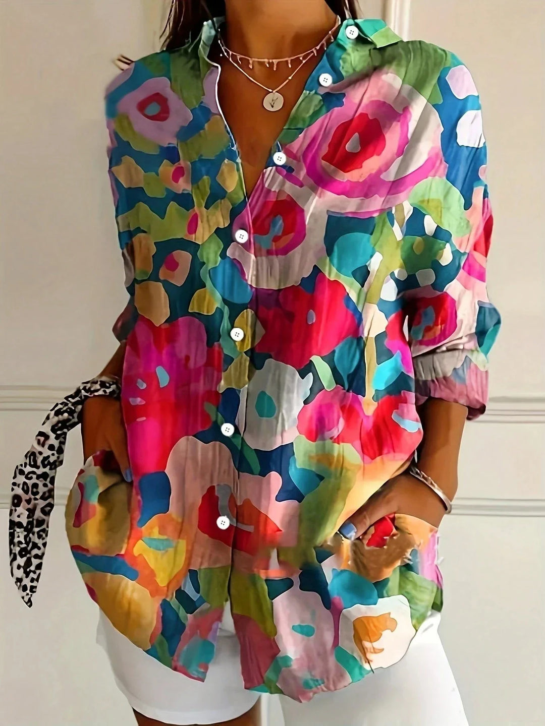 Wisteria │ Women's Abstract Floral Print Button Front Blouse With Long Sleeves